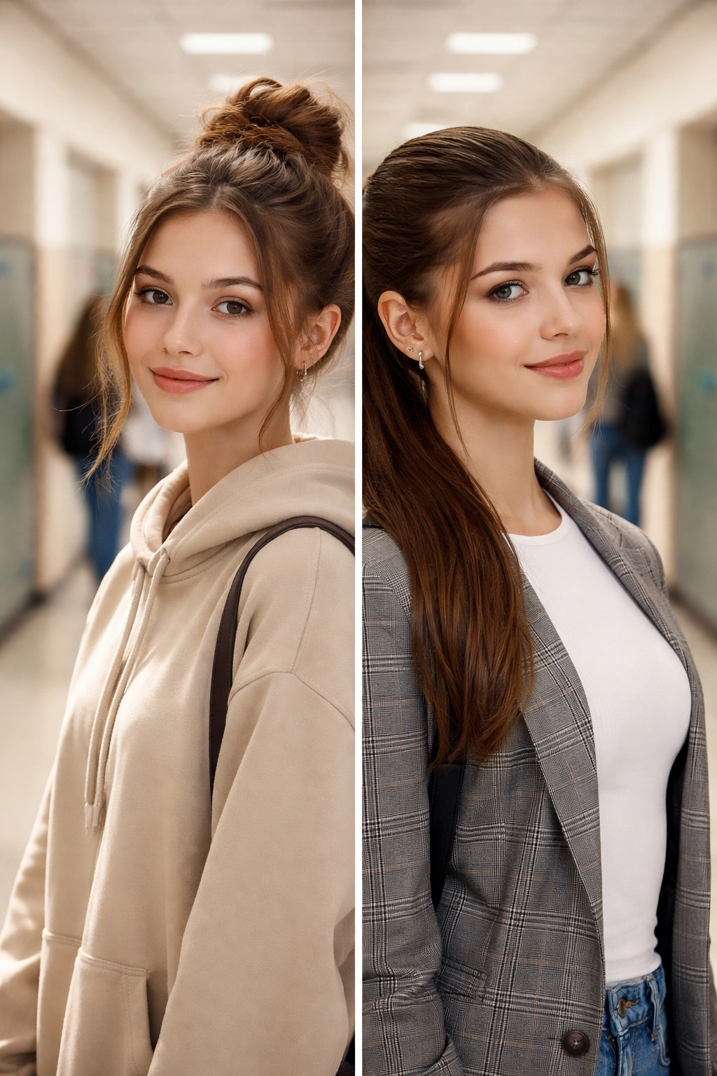 Teen with two hairstyles split-screen showing casual bun and sleek ponytail