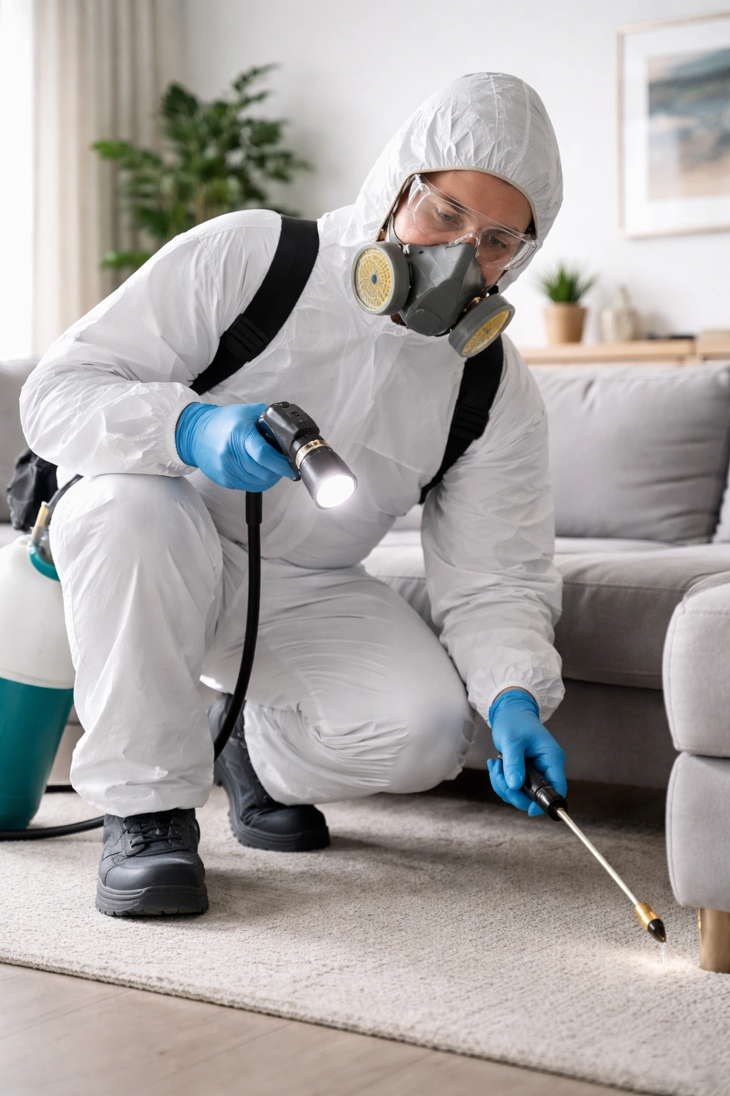 Pest control professional in protective gear inspecting a home