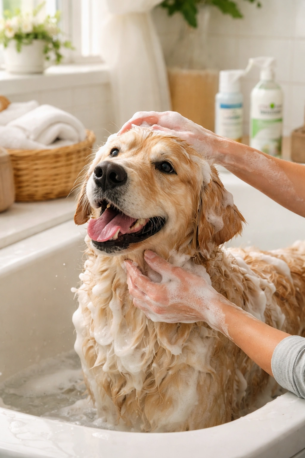 Dog being bathed with flea shampoo in a bathroom