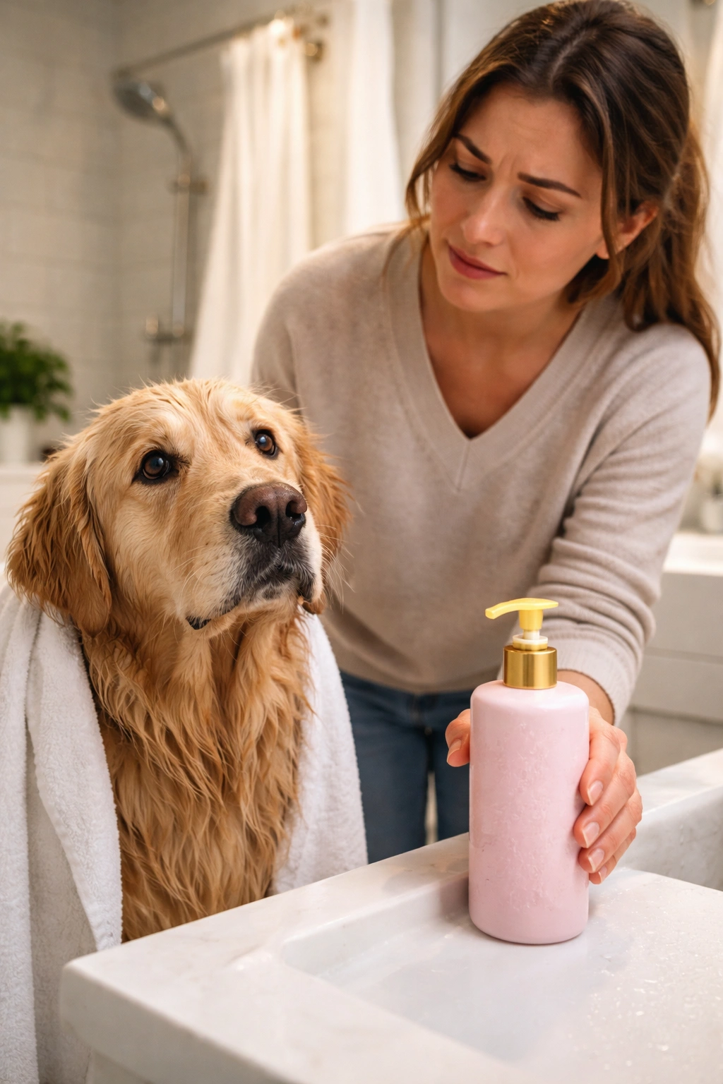 Pet parent hand near dog with conditioner on bathroom counter