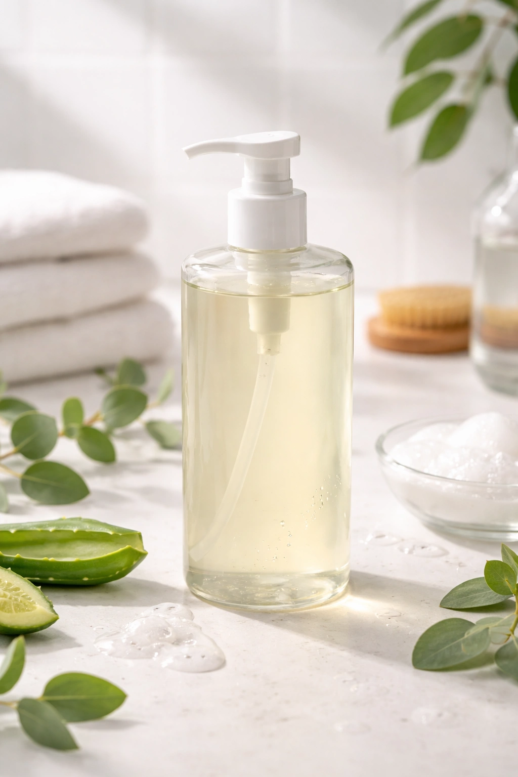 Unbranded pH-balanced shampoo bottle on neutral surface