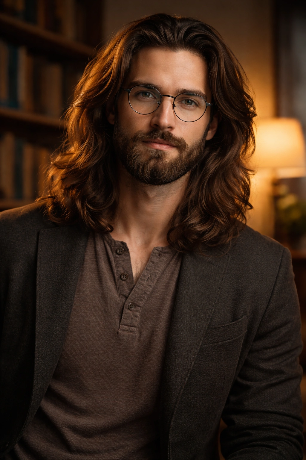 Philosopher with long hair and beard in a warm study setting