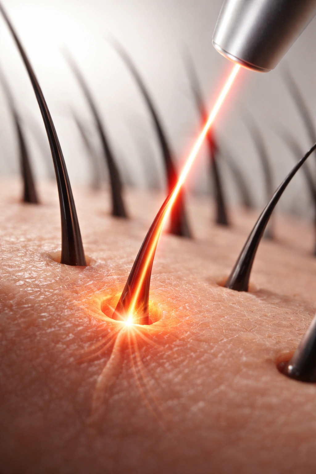 Macro shot of skin showing hair follicles with a subtle laser beam targeting a follicle.