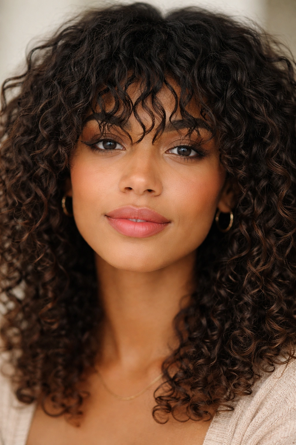 18 Gorgeous Ways To Wear Bangs With Curly Hair 9 Close-up of piece-y bangs with varied lengths on curly fringe.