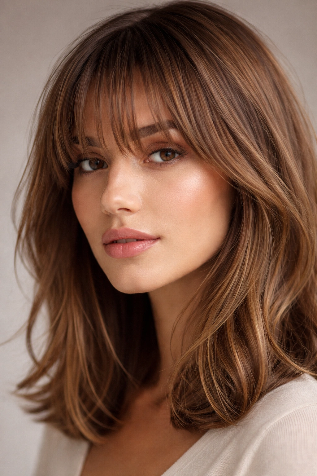 Close-up of piece-y bangs with distinct textured strands on medium-length hair