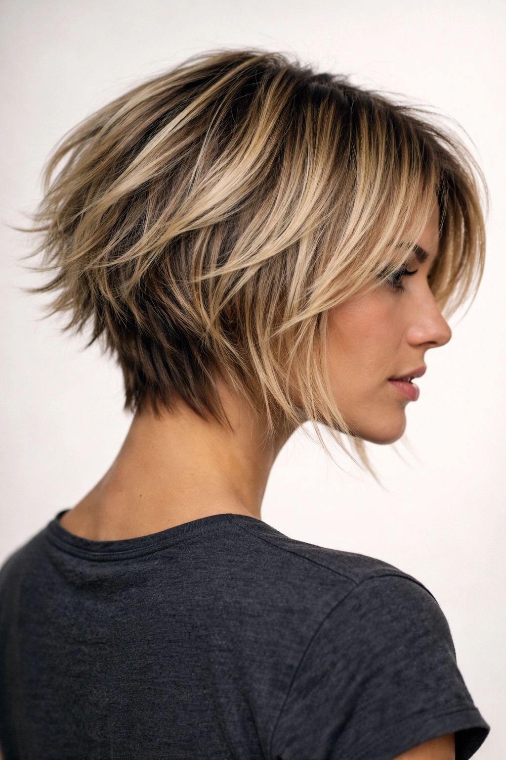 Piece-y choppy stacked bob with uneven layers and distinct back texture.