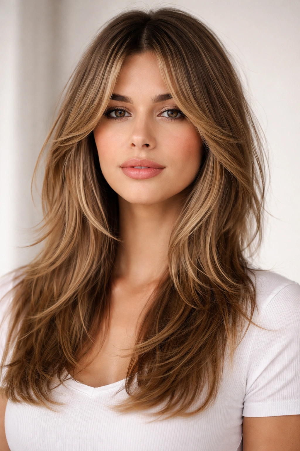 Model showcasing piece-y curtain layers framing the face.