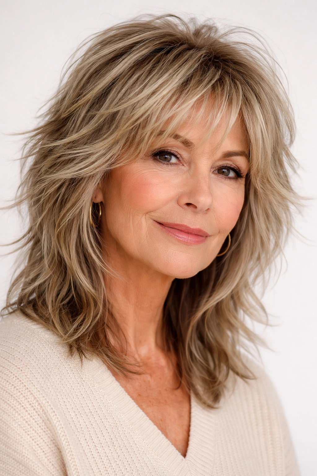 Close-up of a mature woman with disconnected shag layers showing distinct piece-y sections