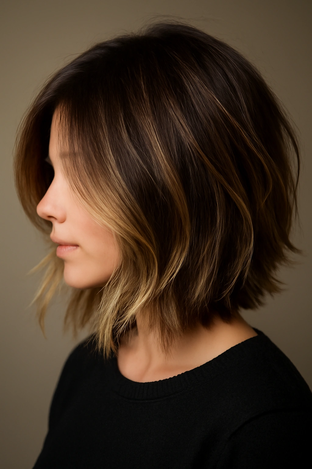Piece-y shoulder-length cut showing hidden depth balayage in interior layers.