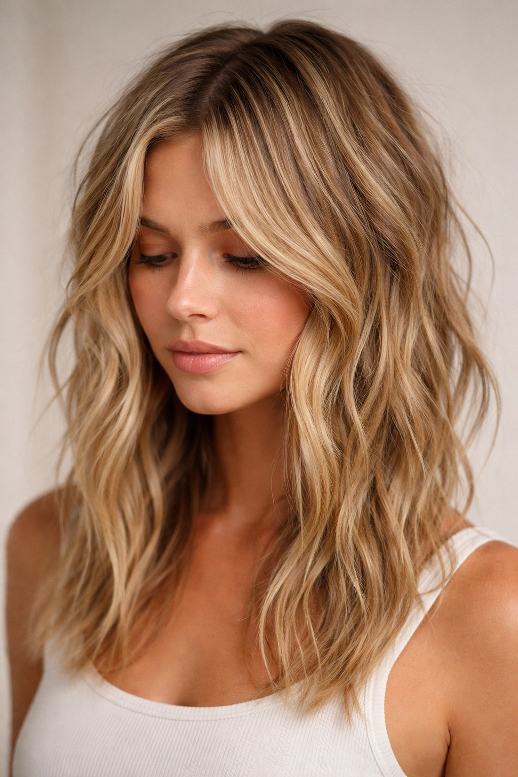 Close-up of fine wavy hair with piece-y texture and light layering spray creating separated strands