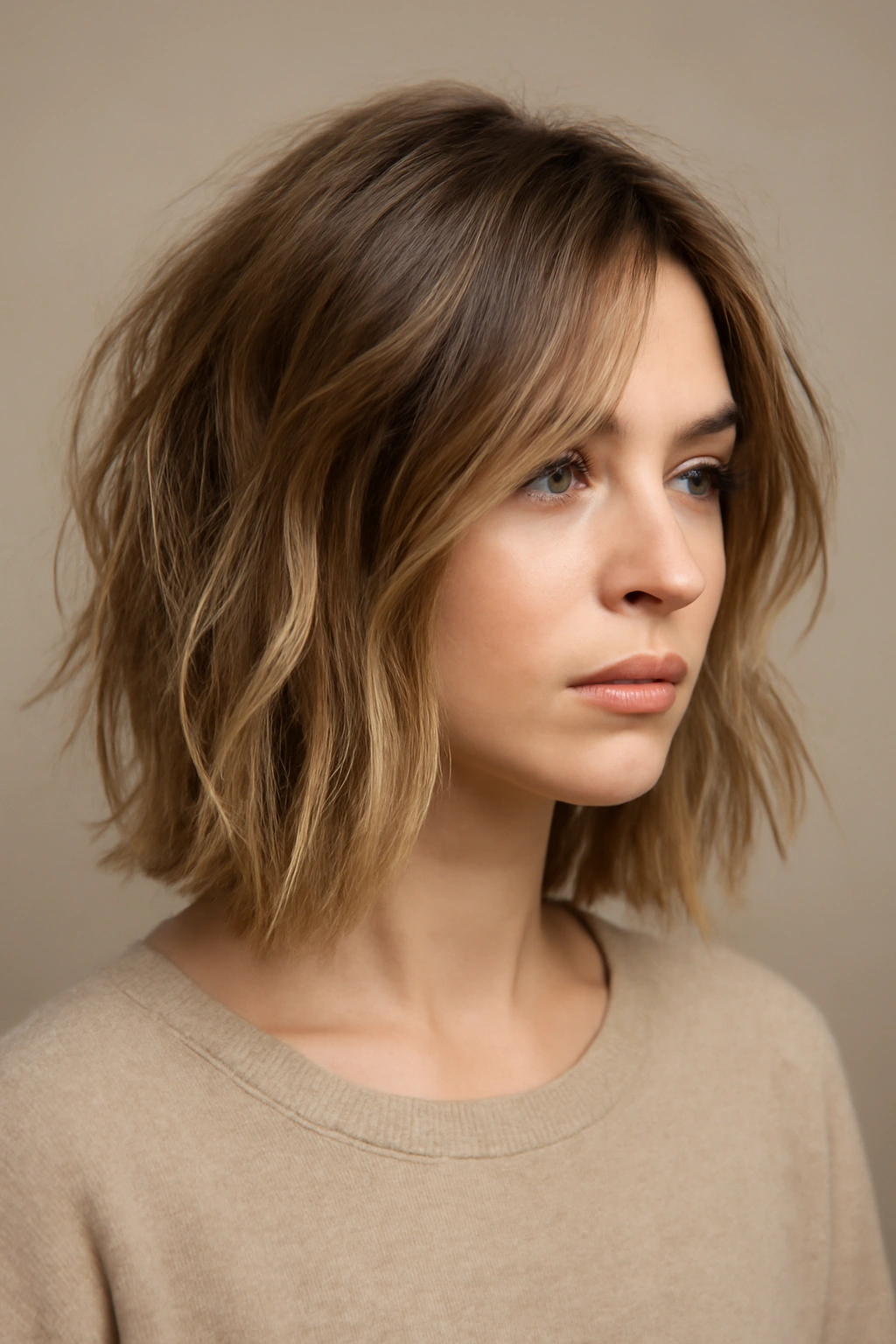 25 Medium Haircuts You’ll Want to Try Immediately 14 Close-up of piece-y lob with disconnected layers for an undone look.