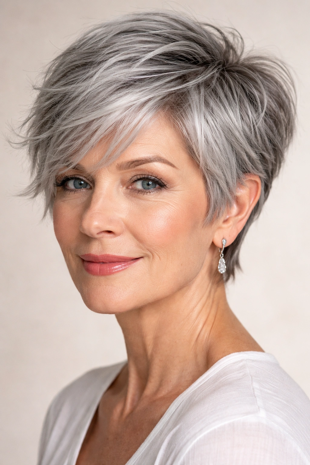 Piece-y pixie with side sweep on gray hair