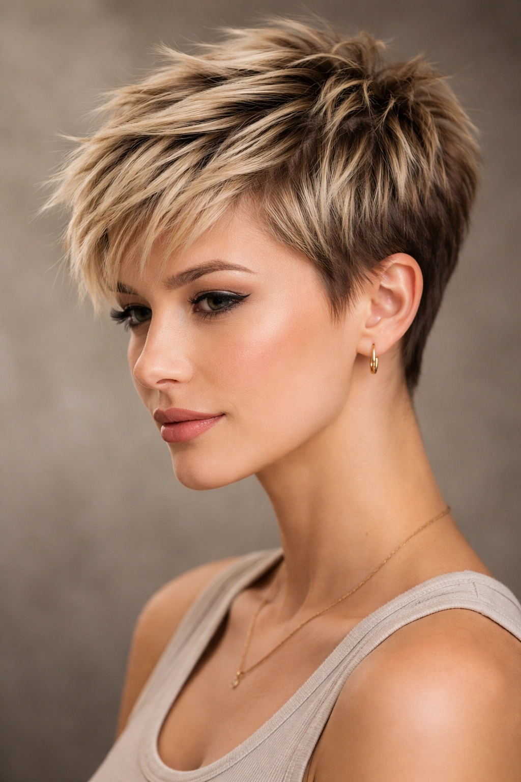 Piece-y pixie hairstyle with separated top layers for movement.