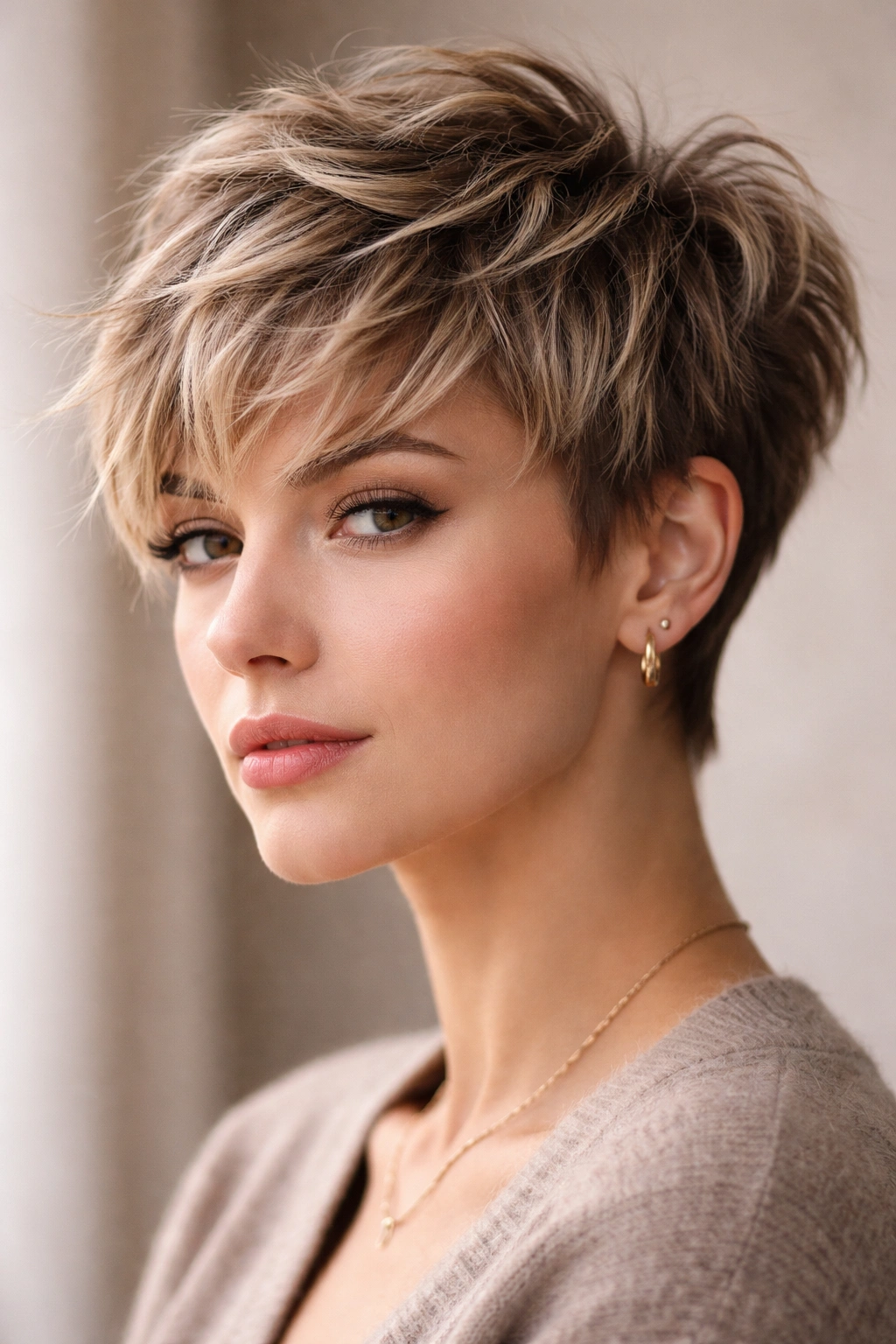 Close-up of piece-y pixie with textured crown showing volume