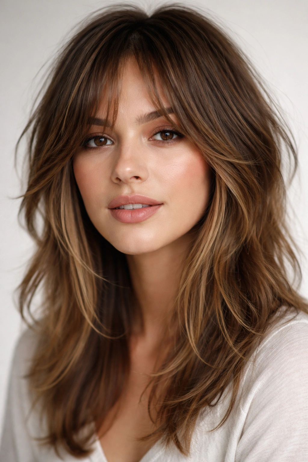 Face-frame pieces in a piece-y shag highlighted by distinct strands