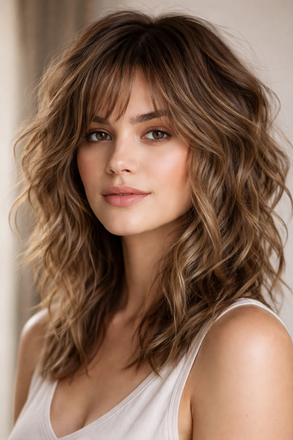 Piece-y shag on wavy hair for square face with face-framing pieces