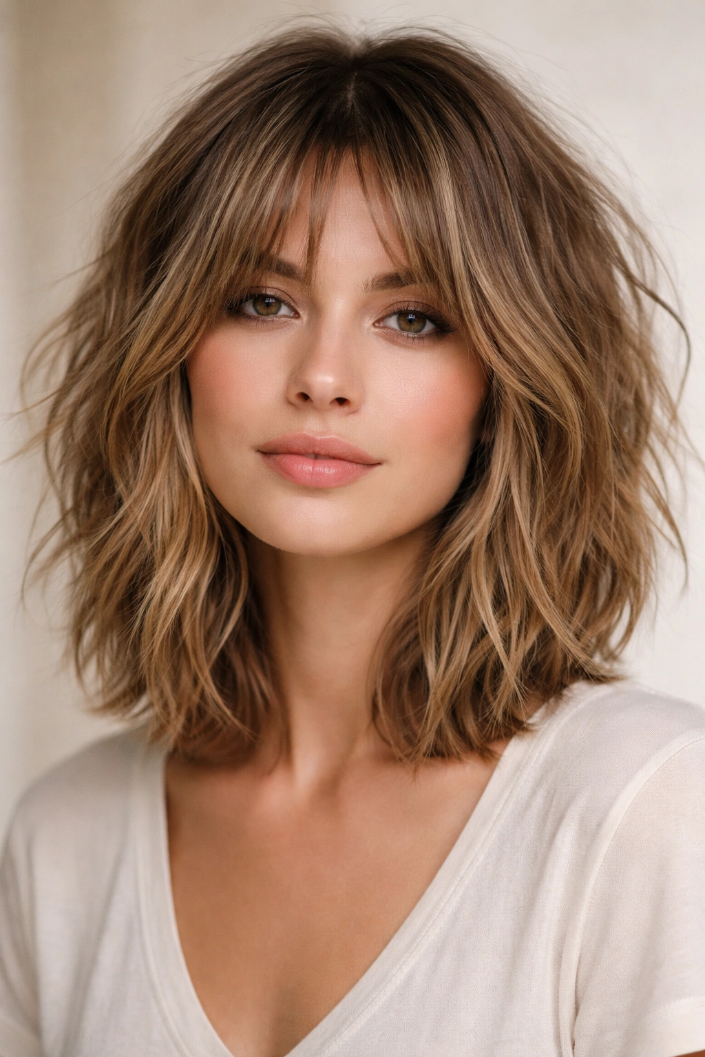Close-up portrait of a shoulder-length piece-y shaggy bob showing textured layers