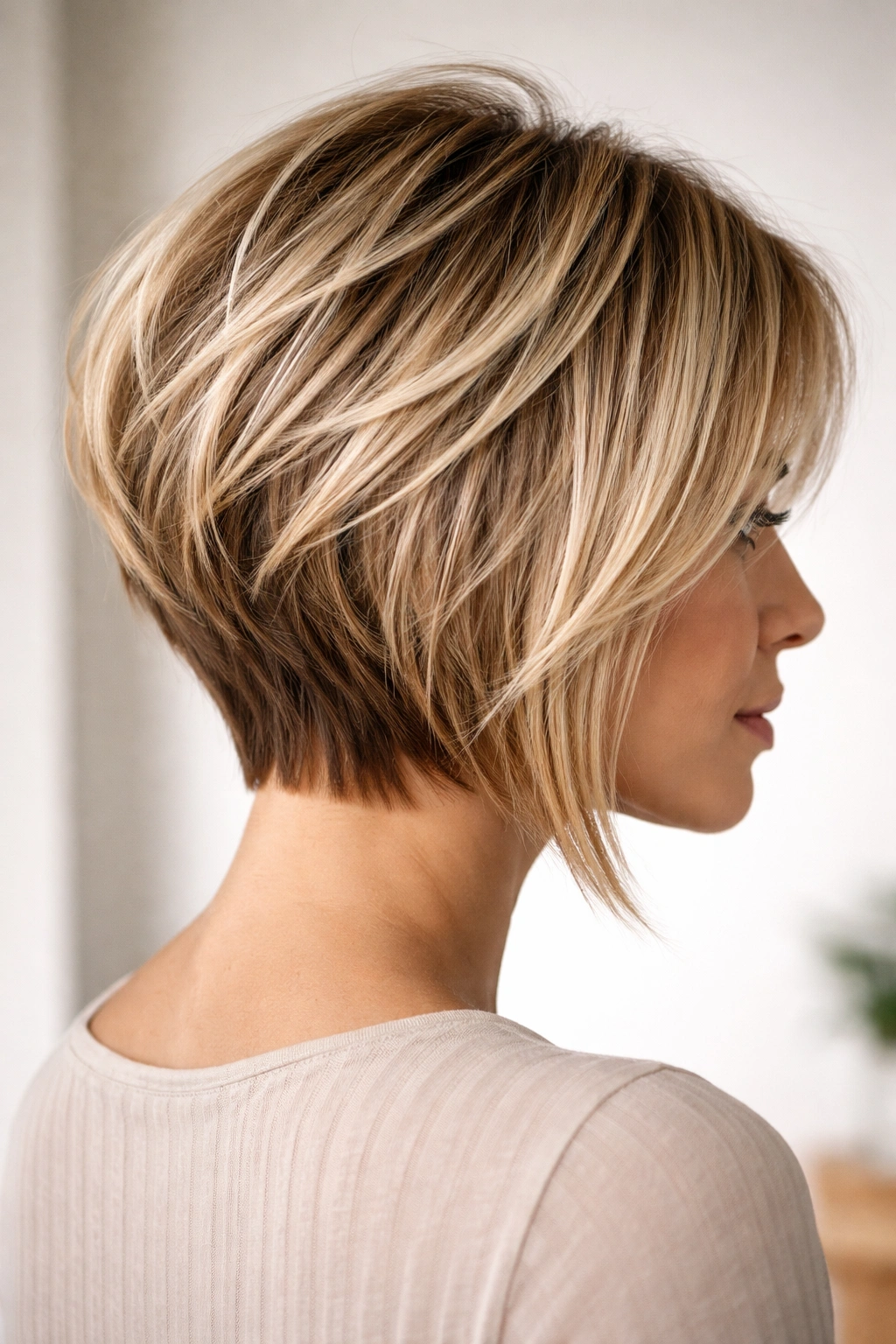 10 Stacked Angled Bobs That Boost Fine Hair 5 Three-quarter view of piece-y disconnected stacked bob showing clearly separated layers