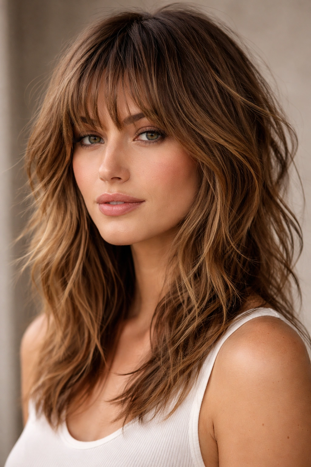 20 Medium Hairstyles With Bangs For Any Face 7 Close-up of piece-y bangs with shaggy layers showing textured, movable hair.