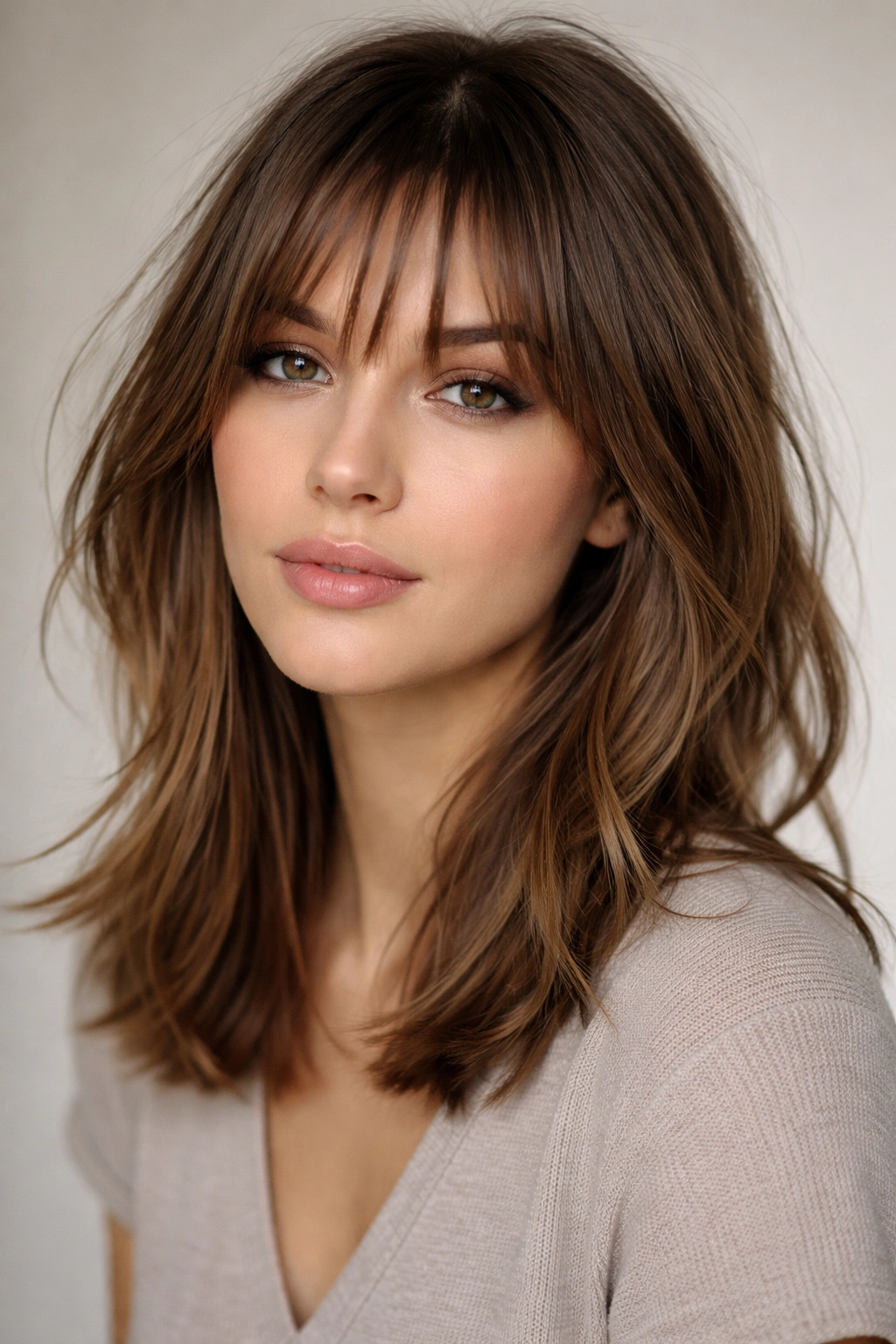Textured piecey bangs with separated strands on medium-length hair