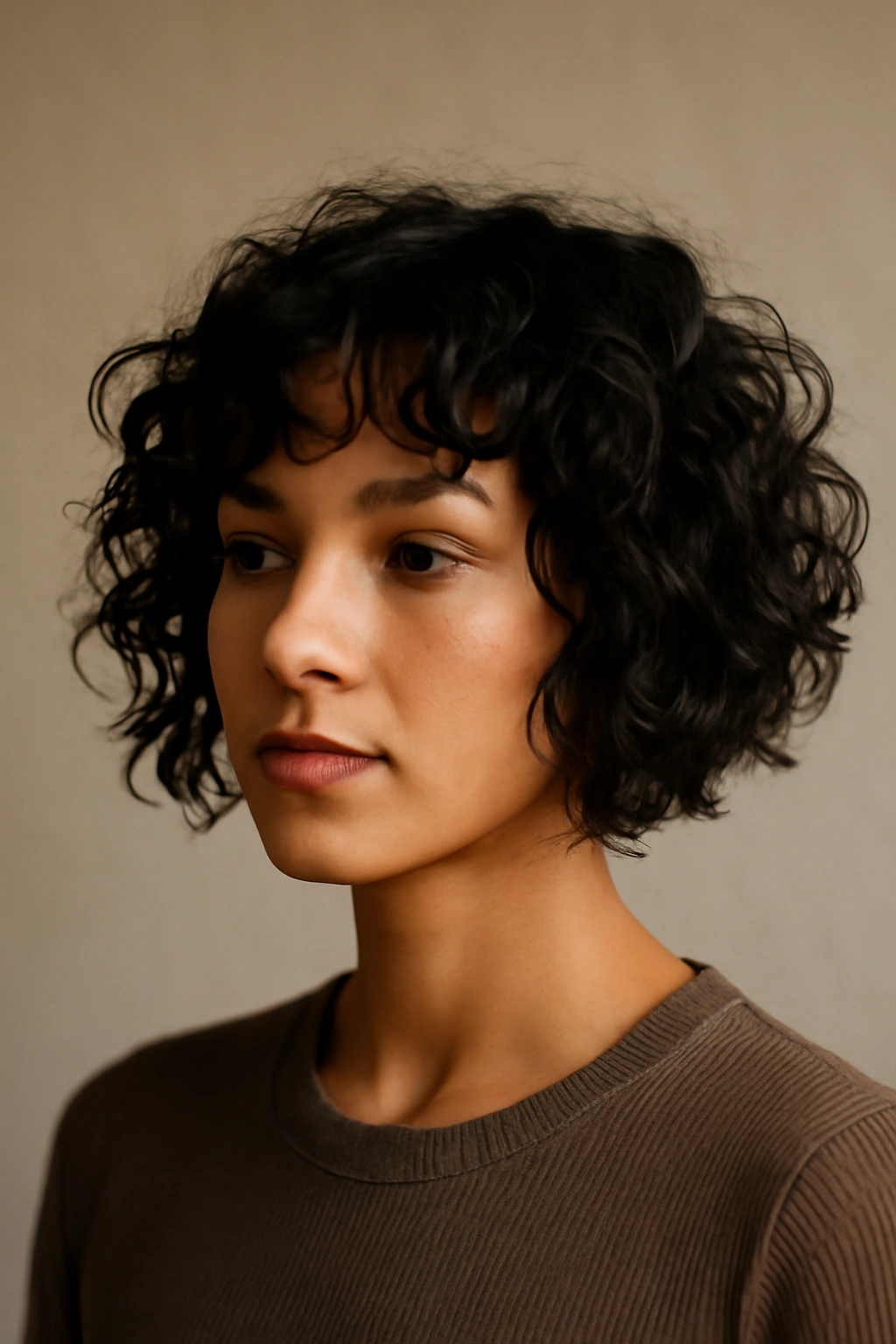 12 Angled Bob Cuts That Flatter Natural Curls 12 Head-and-shoulders shot of a piecey choppy curl bob with distinct curls.