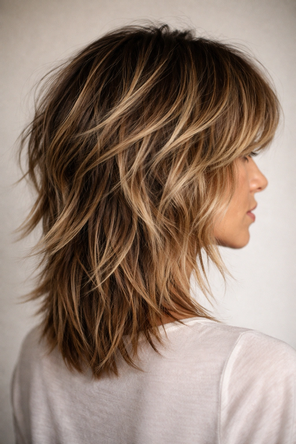 18 Medium Shaggy Cuts With Built In Movement 8 Close-up of a piecey disconnected shag showing distinct hair pieces