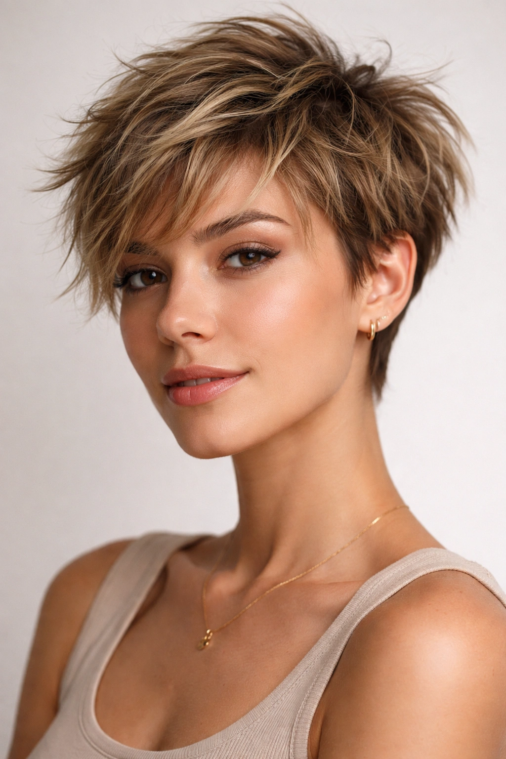 Close-up of piece-y pixie crop with short choppy layers and tousled texture.