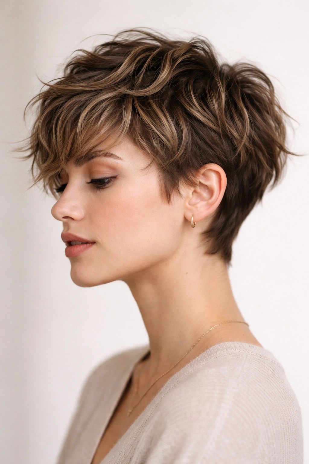 Close-up of piece-y wavy pixie showing fragmented waves and textured ends