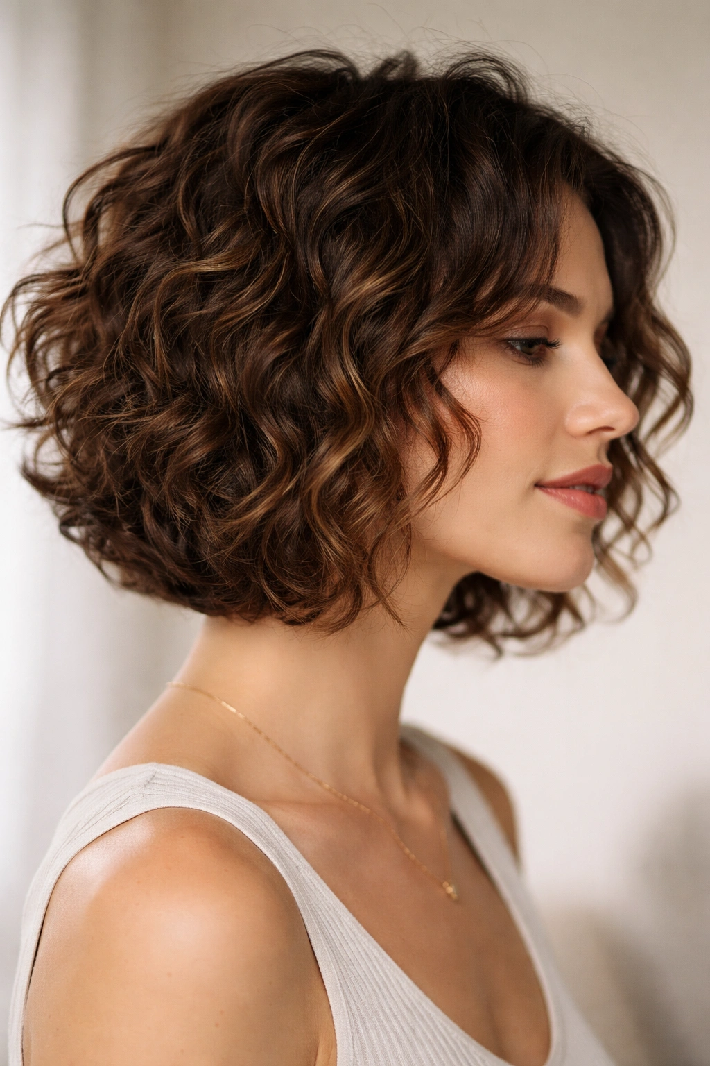 20 Curly Bob Styles For Natural And Permed Curls 13 Close-up of a medium-length curly bob with choppy piece-y layers highlighting texture in studio lighting.