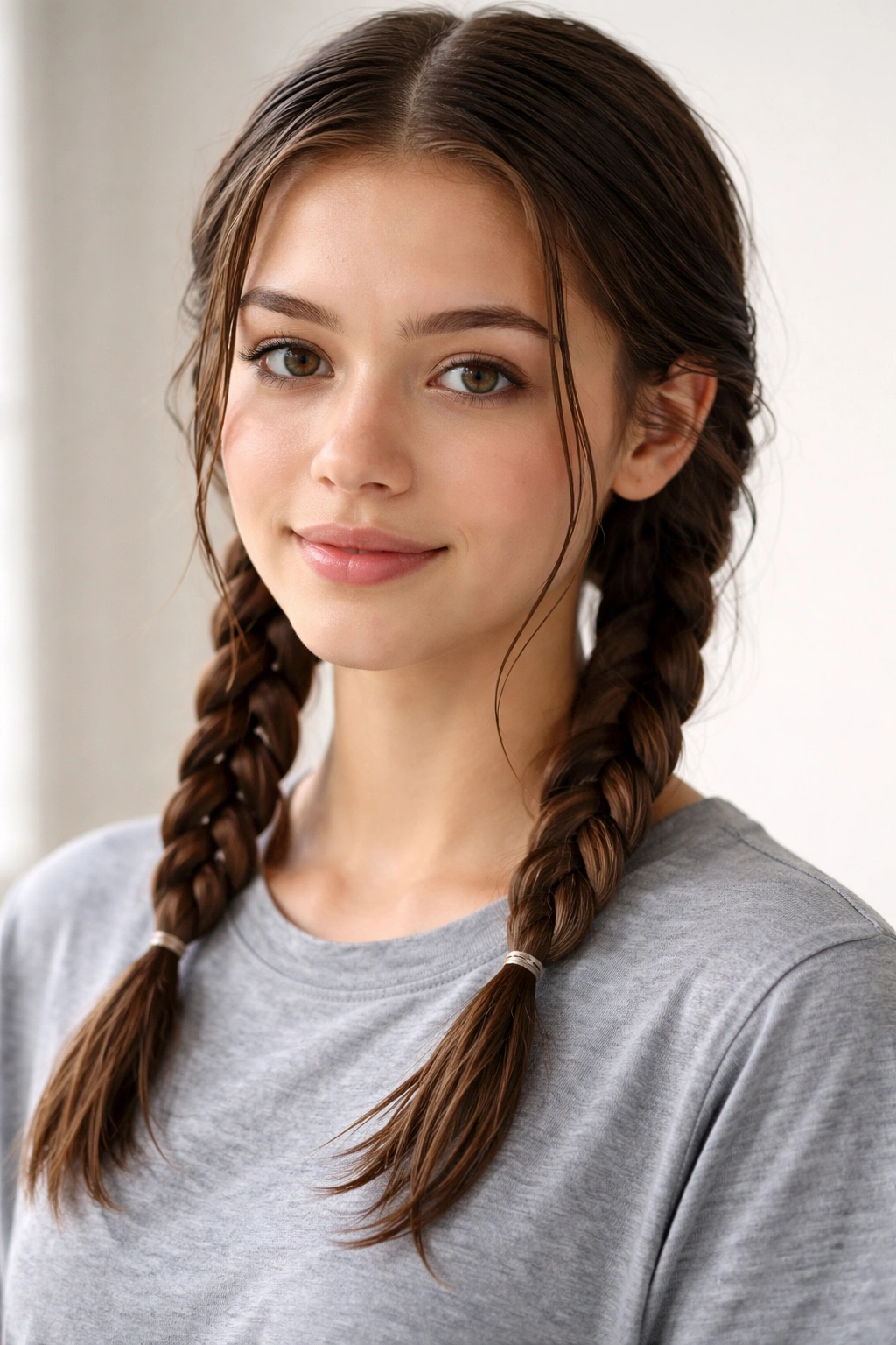 Two neat low pigtail braids starting at the nape