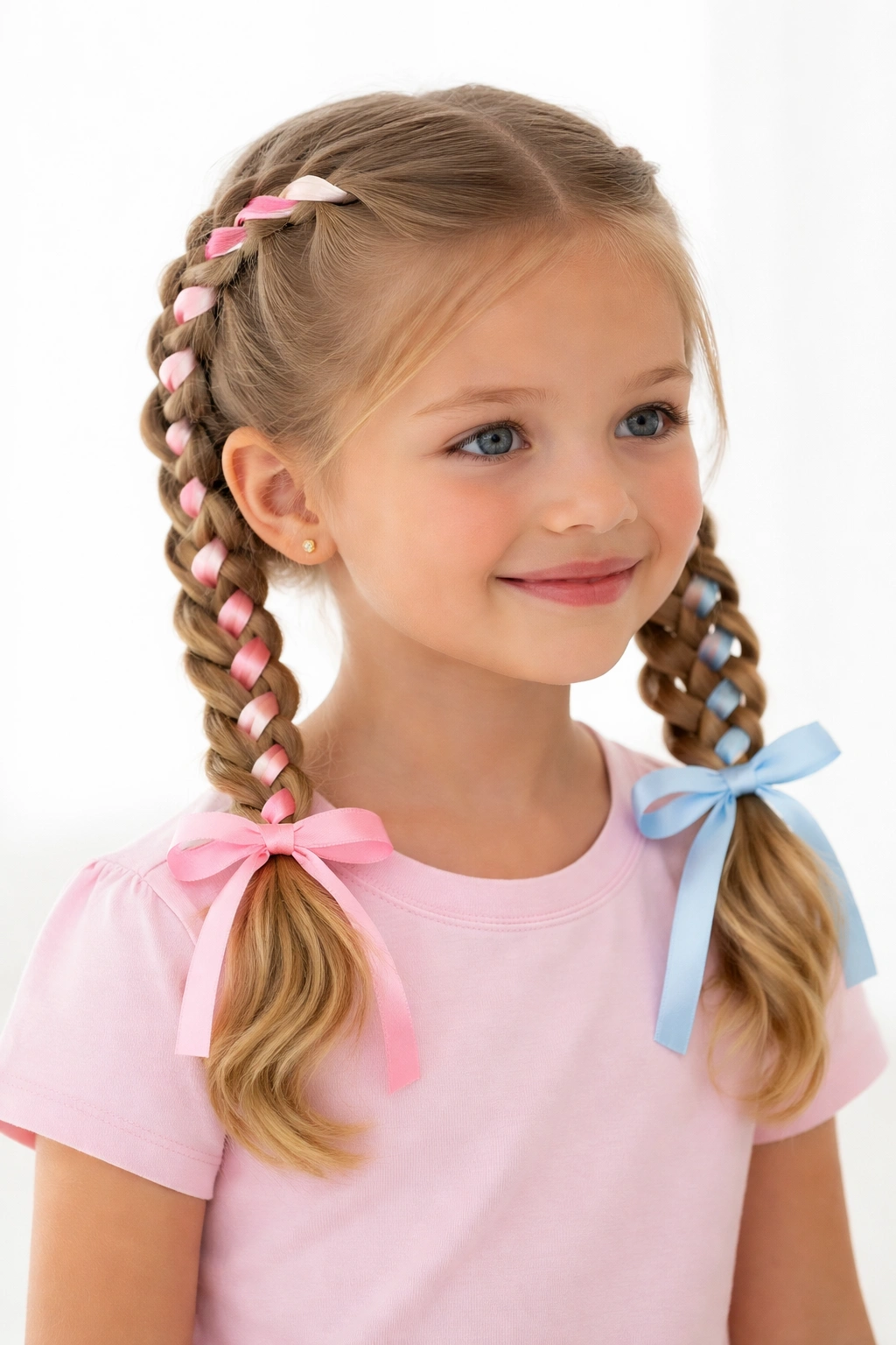 Pigtail braids with ribbons styled on a young girl