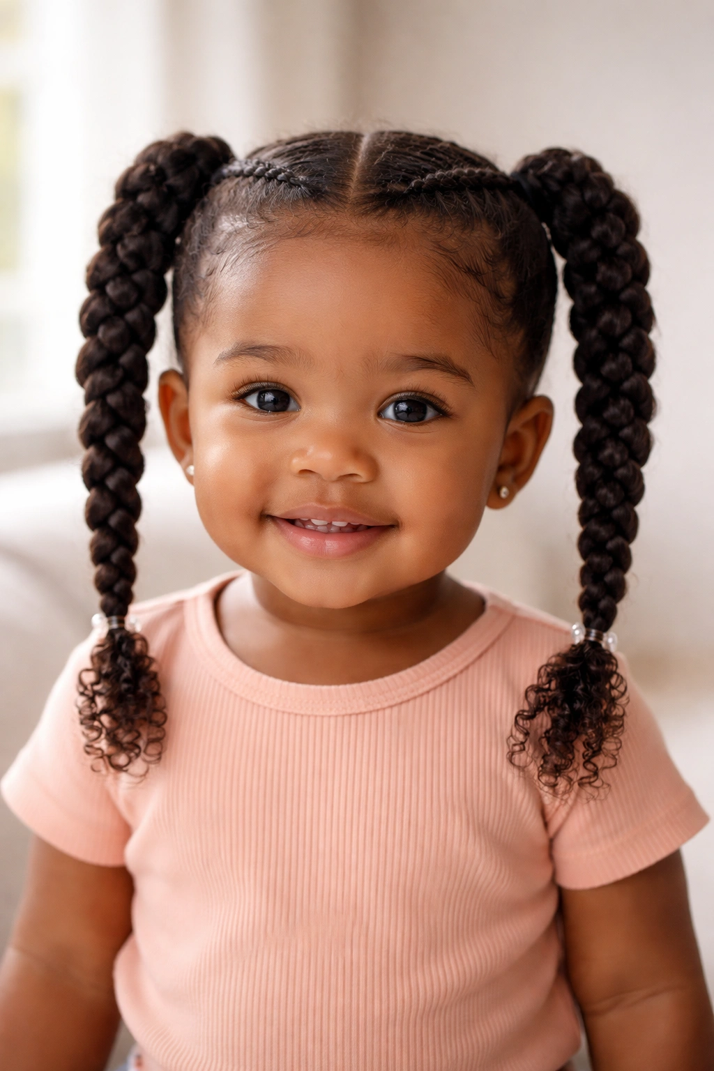 Toddler with two side pigtail braids