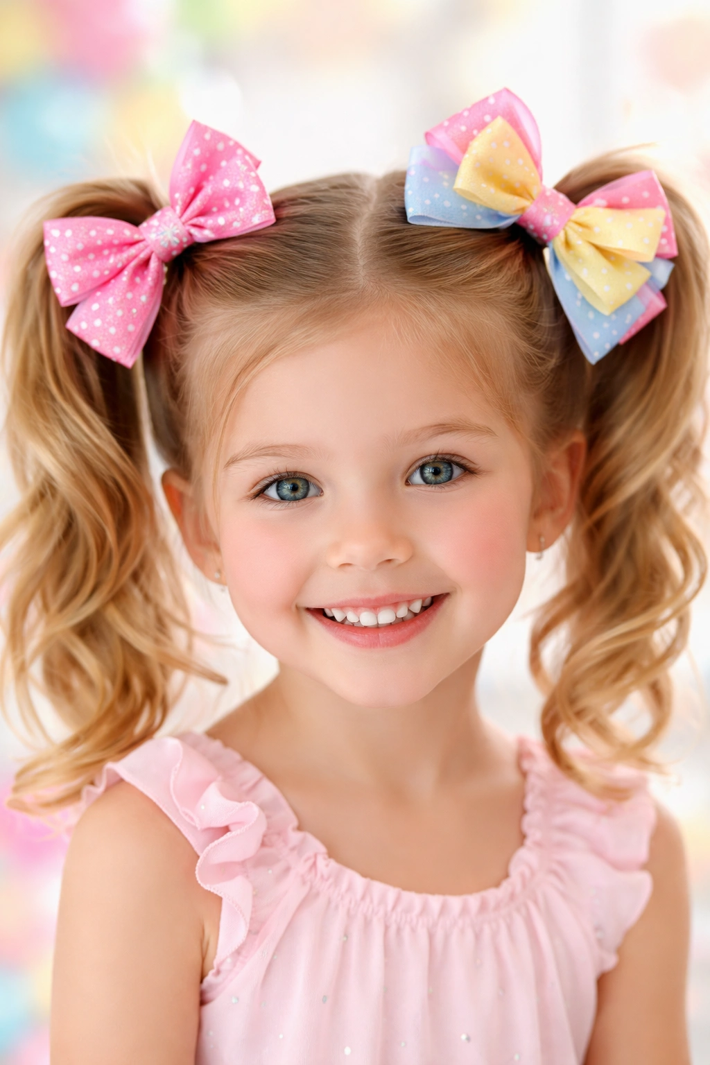 Girl with classic pigtails and festive bows