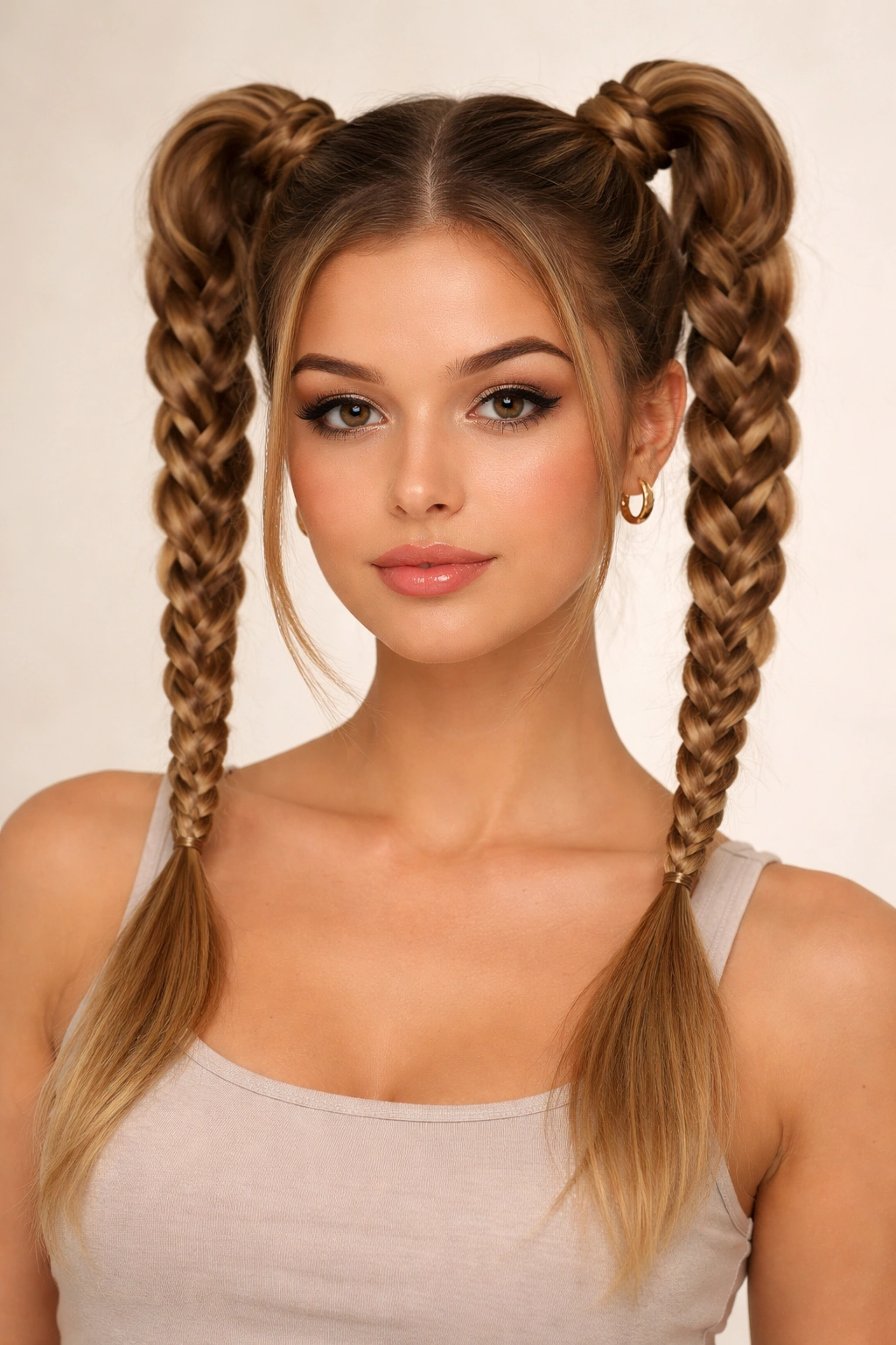 Model with two high braided pigtails, 90s hairstyle