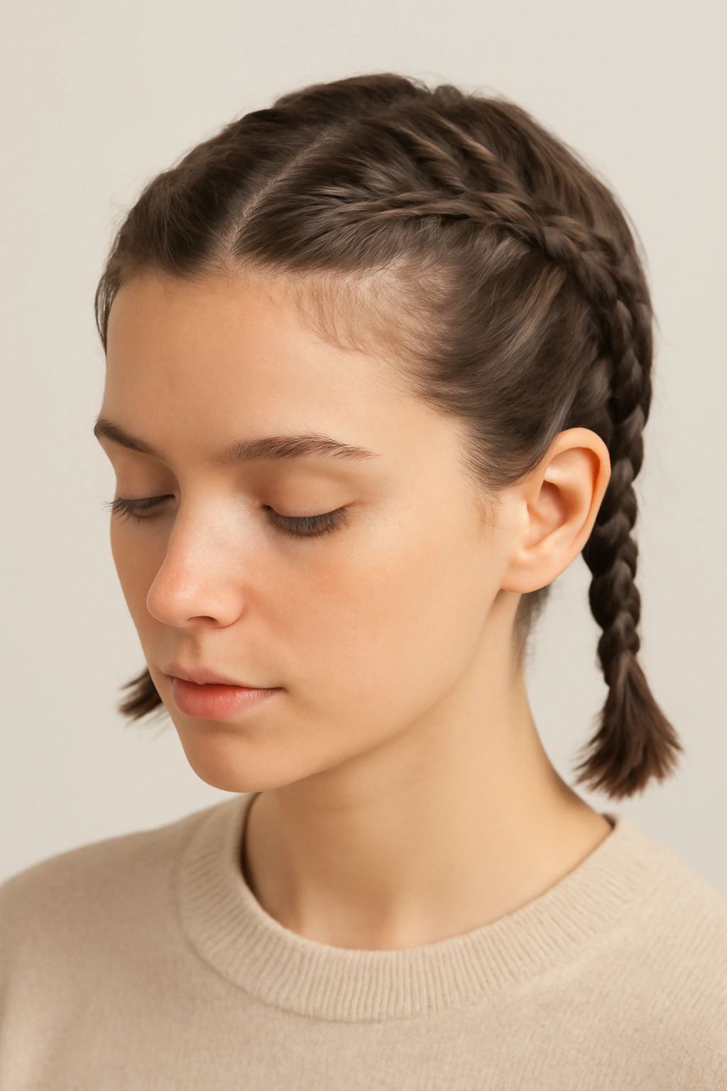 Two symmetrical braided pigtails on short hair