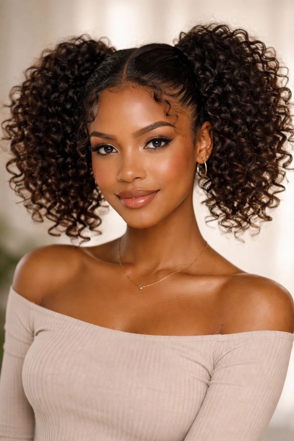 Two curly pigtails on the sides of the head with volume