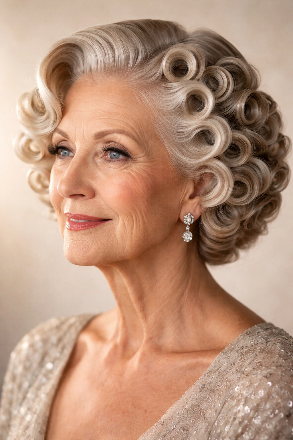 Head showcasing vintage pin curls creating polished Hollywood waves