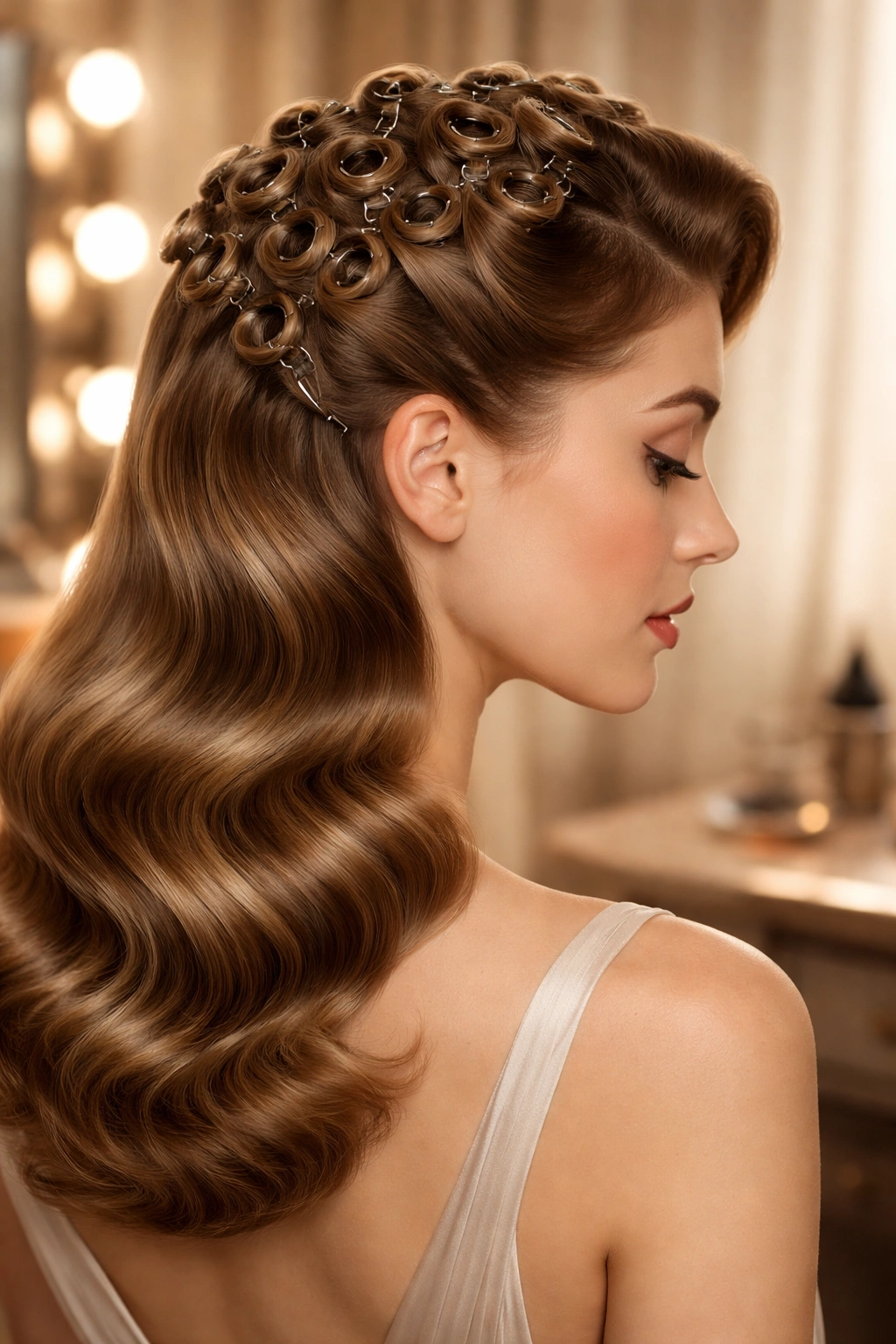 Side-profile of head with pin curls and brushed-out waves