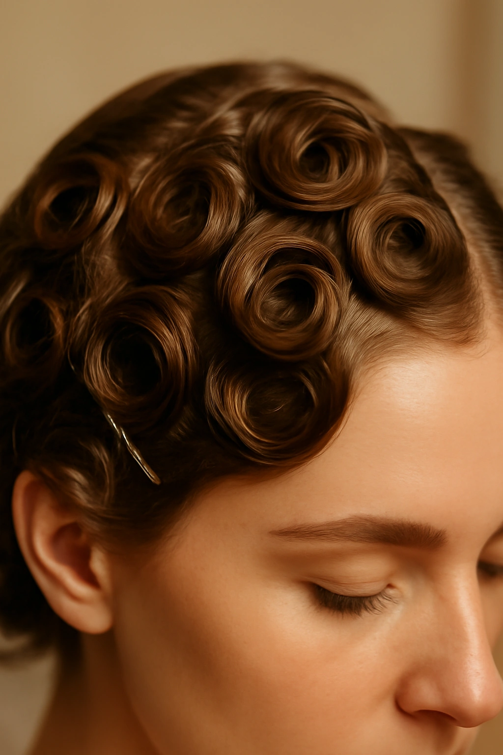 15 Heatless Wavy Hairstyles Anyone Can Pull Off 13 Close-up of tiny pin curls pinned to the scalp forming vintage glamorous waves