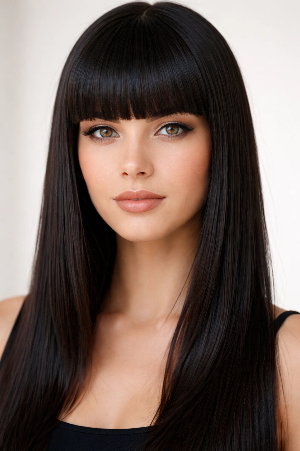 Close-up of blunt straight bangs with sleek hair