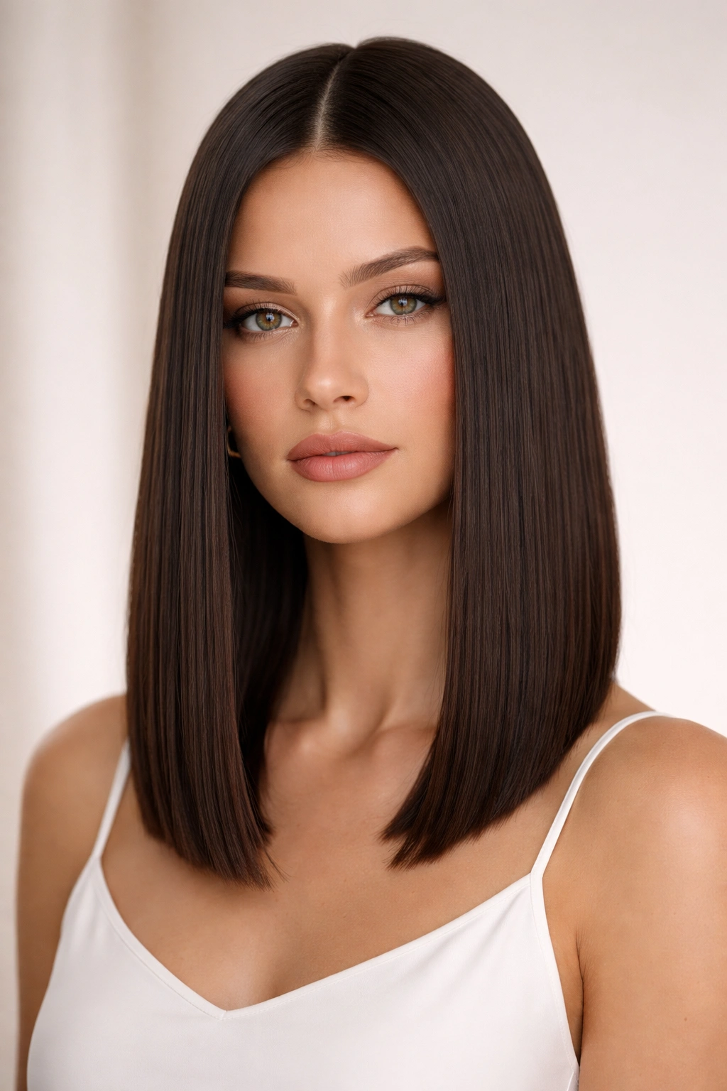 Pin-Straight Lob close-up showing blunt straight cut and smooth texture