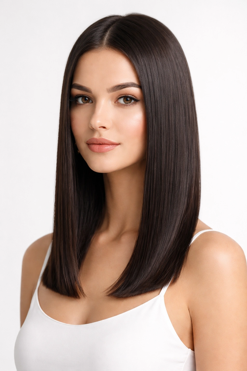 Portrait of a person with collarbone-length, pin-straight hair, no texture