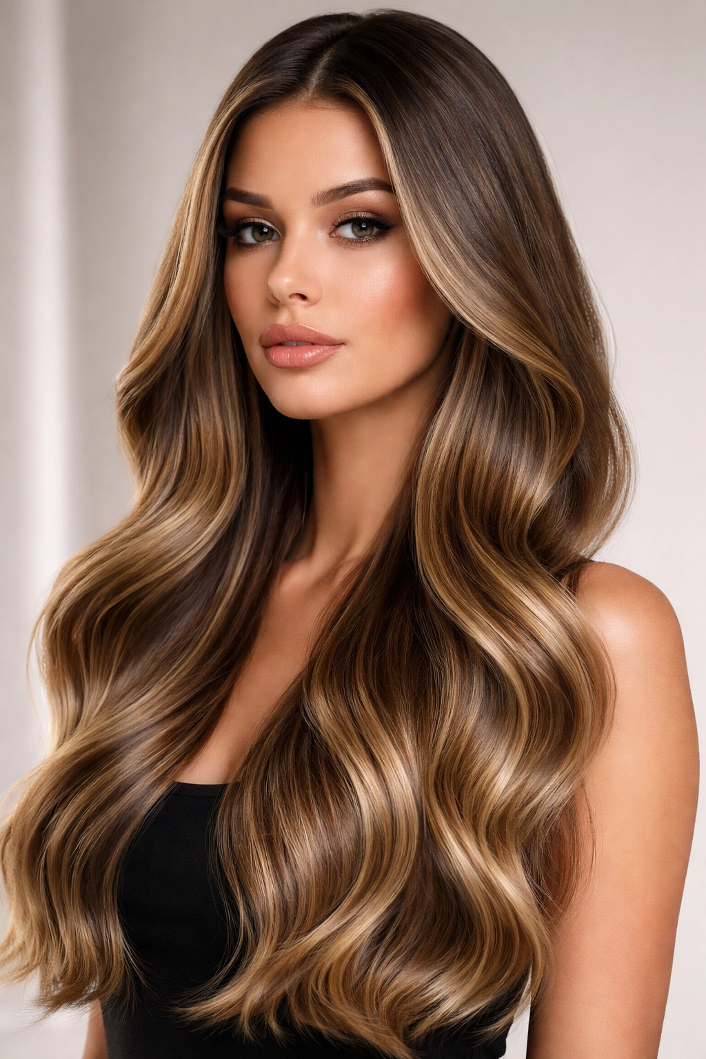 Close-up of defined pin-straight waves on a layered hairstyle