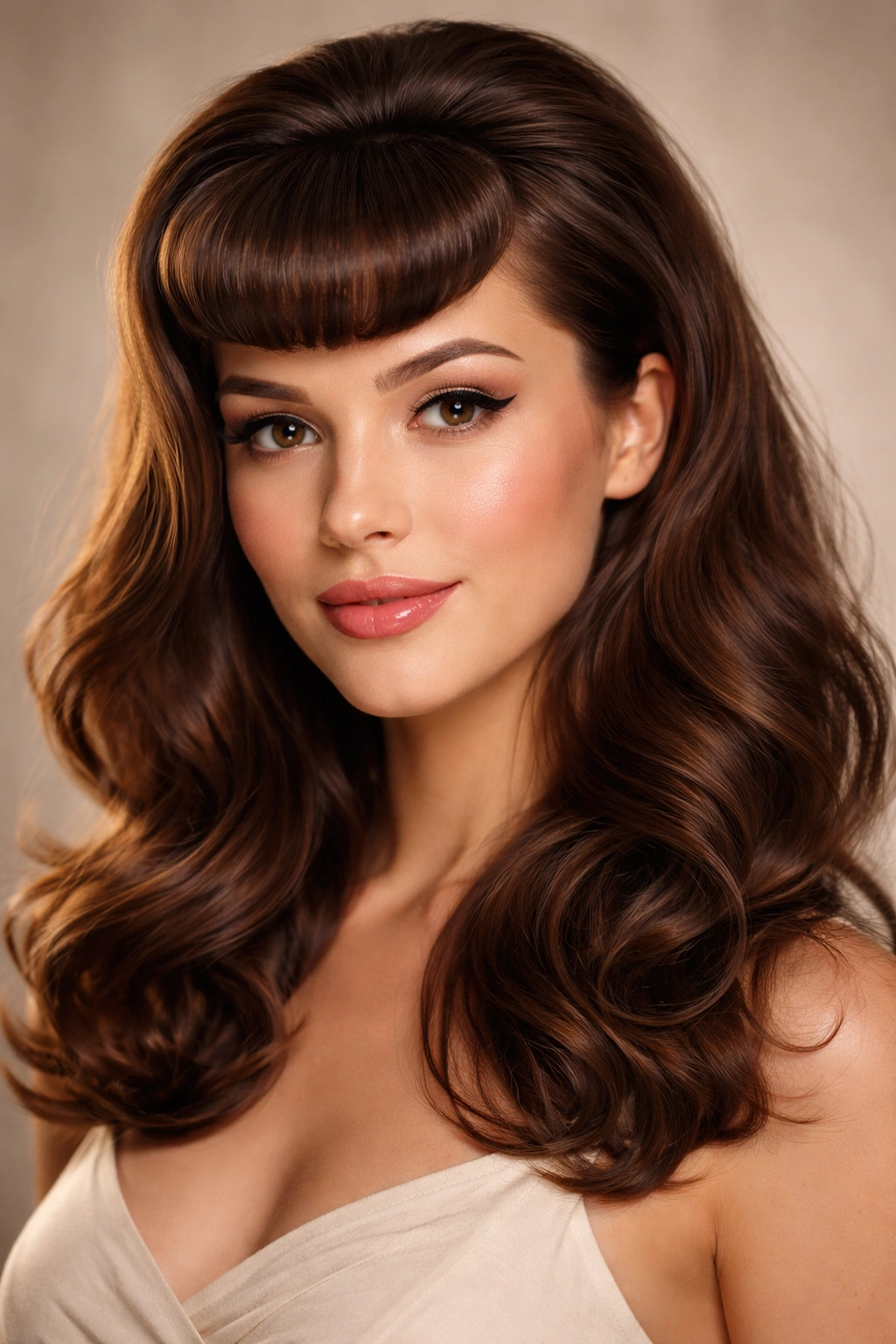 18 Bangs To Try With Medium Length Hair 10 Voluminous vintage pin-up bangs with curved shape and waves in hair