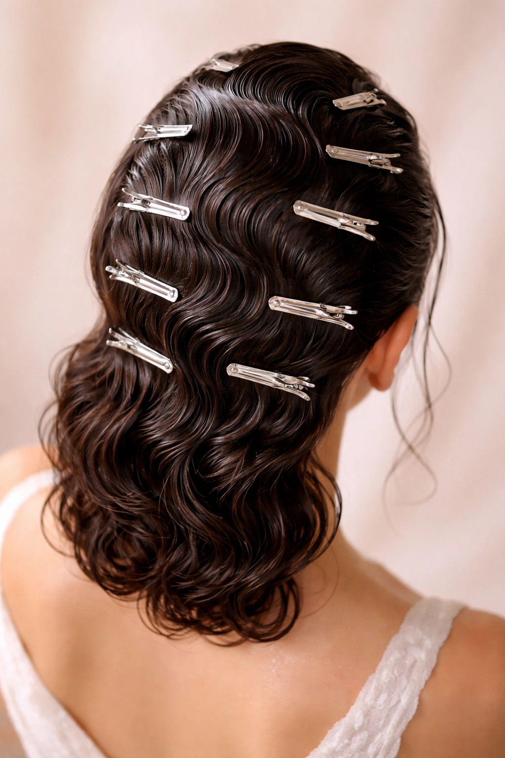 Top view of damp hair with vintage pin waves and visible pins