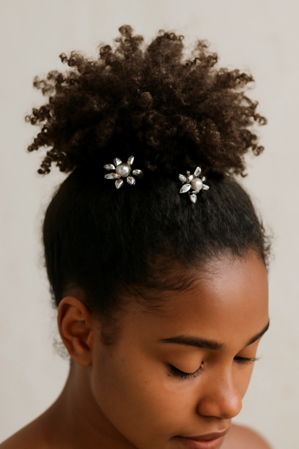 12 Natural Hair Wedding Updos You Need to See 11 High pineapple bun with curls fanned outward and decorative pins.