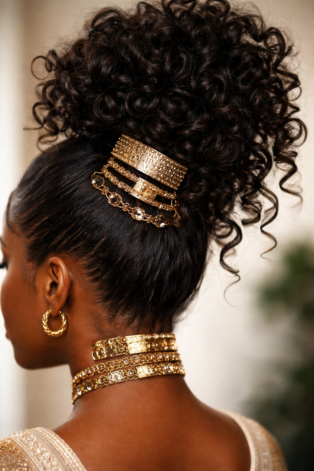 Hair pineapple waves with decorative cuffs and rings on a Black woman's gathered crown.