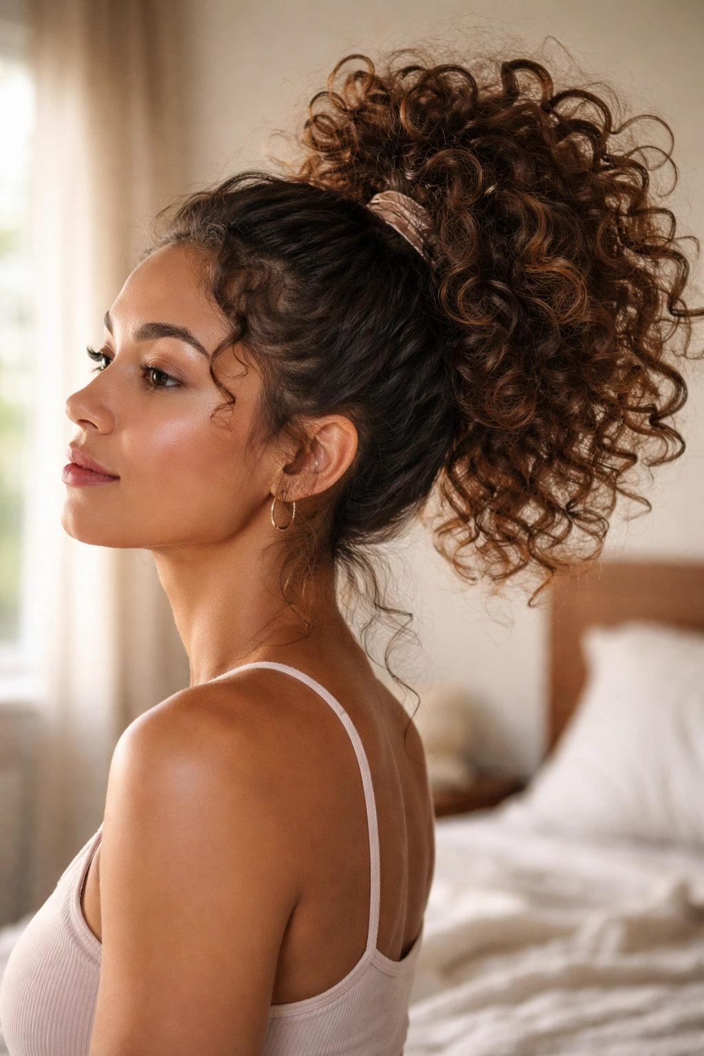 10 Easy Curly Hairstyles You Can Wear Every Day 2 Side view of a loose pineapple high ponytail with curls at the crown