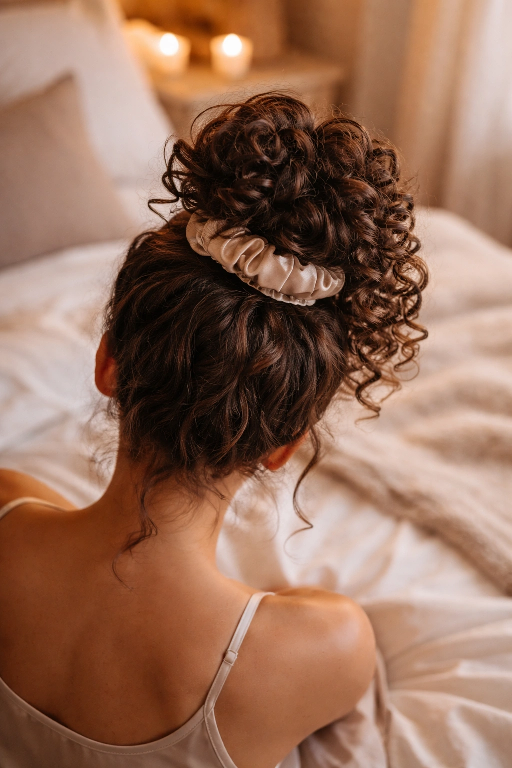 Hair in a loose high pineapple bun with silk scrunchie