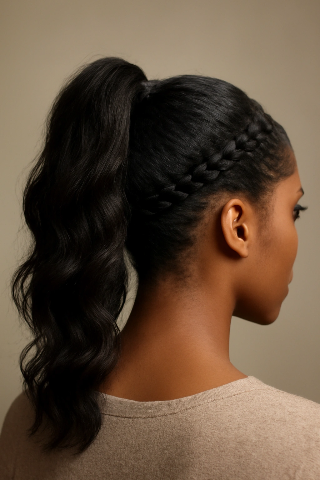 10 Pineapple Wave Styles Black Women Are Trying Now 7 Close-up of a high pineapple ponytail with a braided crown showing texture and shine